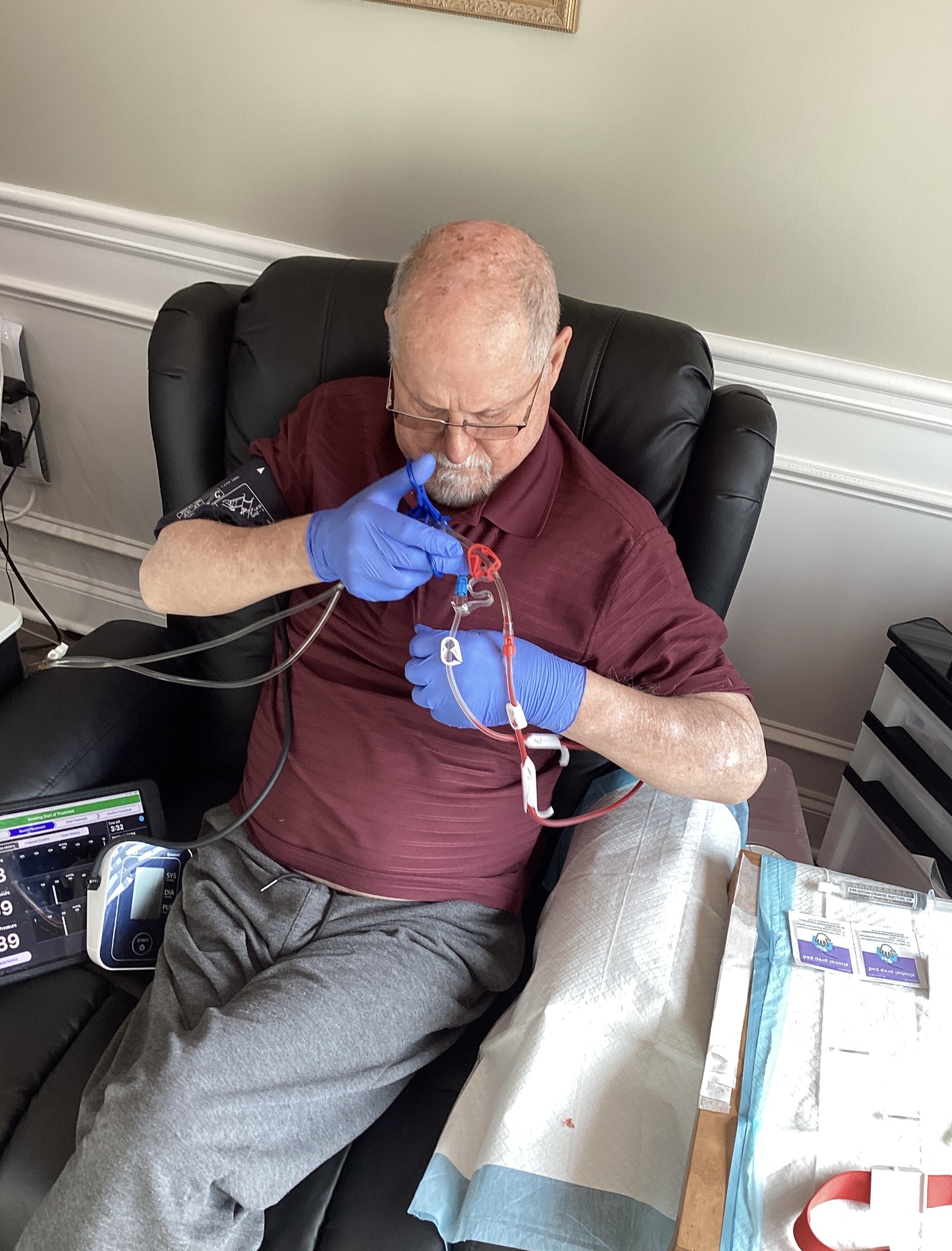 Dad managing dialysis procedure independently